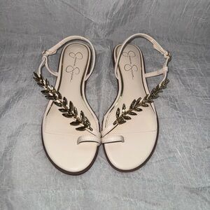 Jessica Simpson Beige Sandals with Gold Leaf Accent